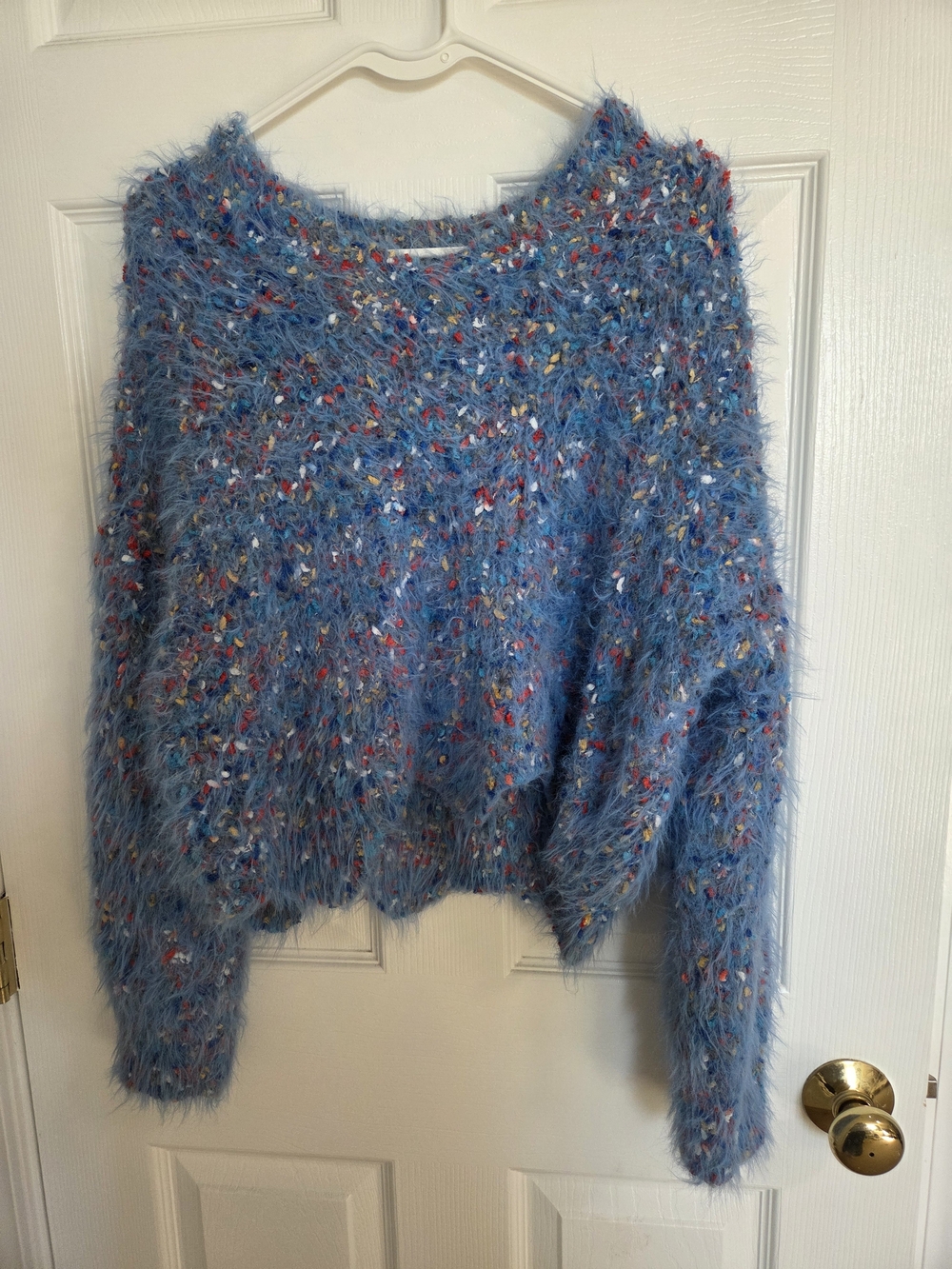Blue Fuzzy Multicolor Crewneck Sweater - Cozy Scoop Neck